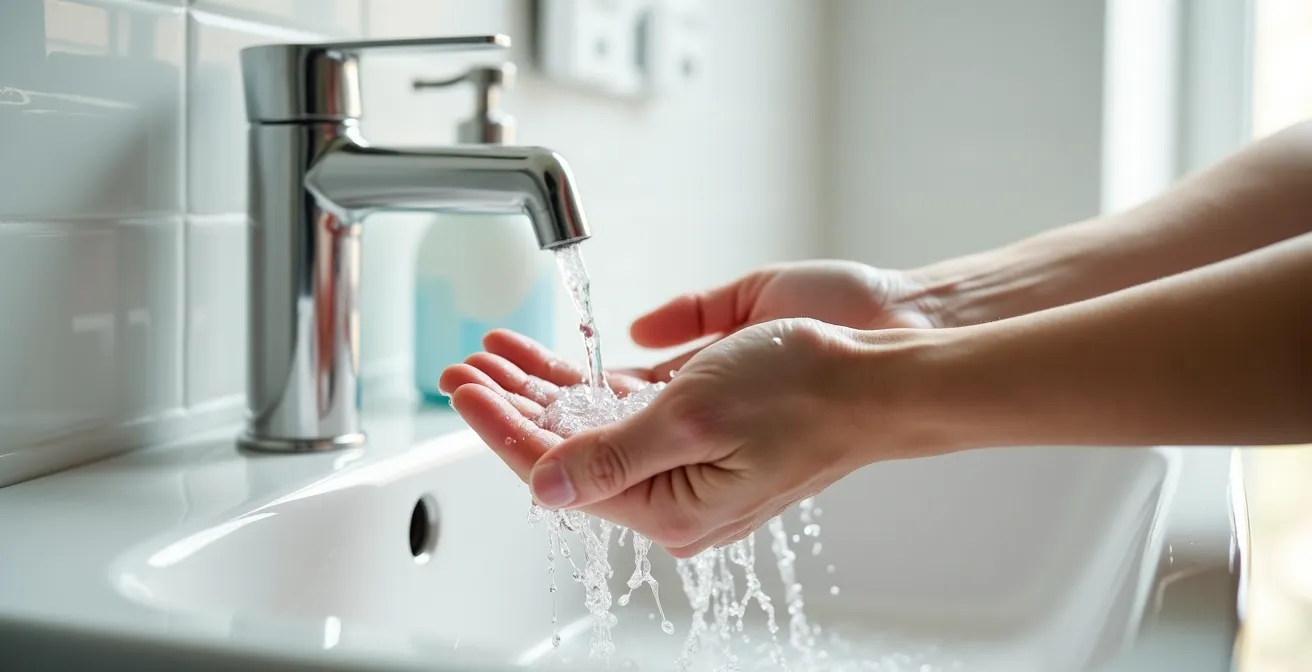 Personne se lavant soigneusement les mains au savon pour prévenir la transmission de conjonctivite