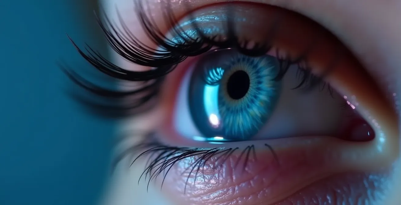 Œil fermé avec une teinte bleutée sur la paupière, illustrant métaphoriquement le manque d'oxygène de la cornée.