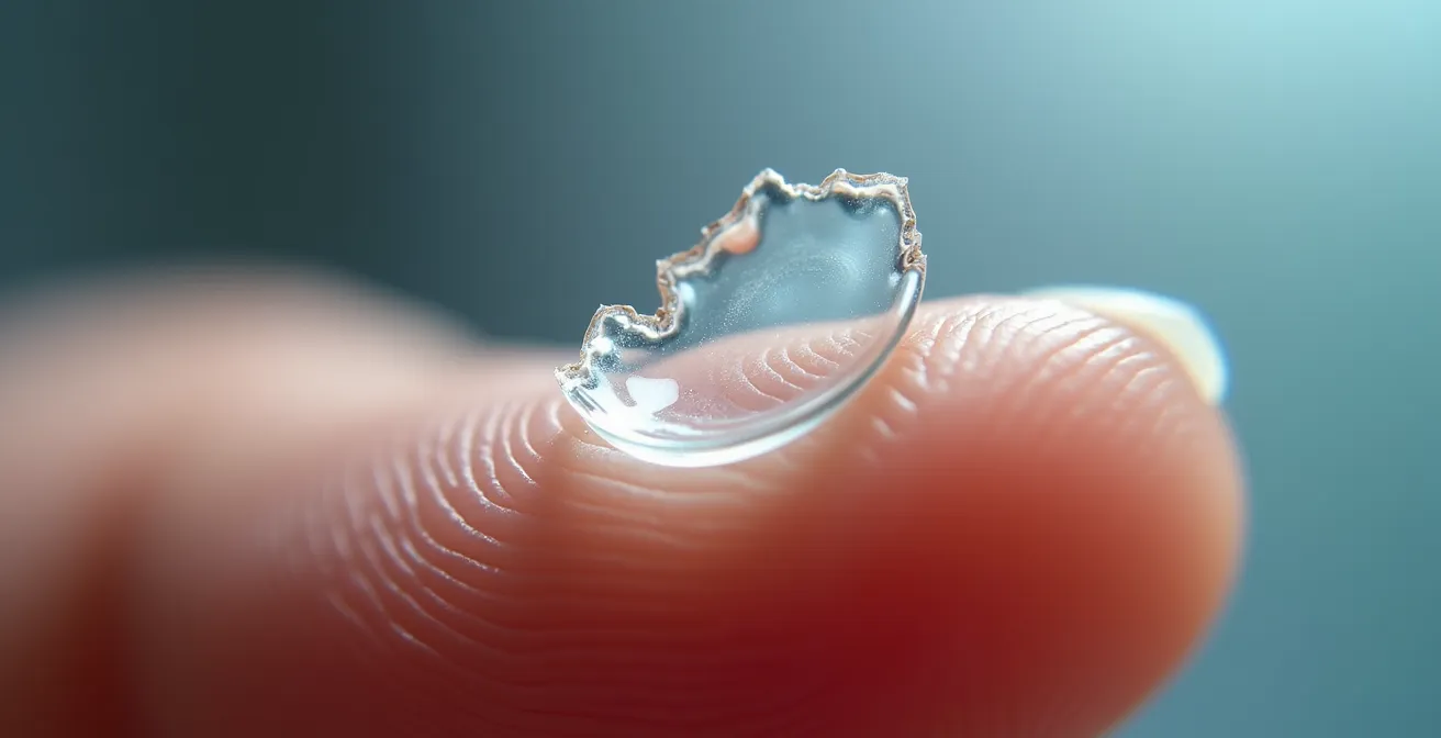 Vue macro d'une lentille de contact déchirée symbolisant la perte financière