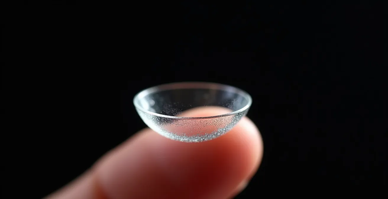 Main tenant une lentille de contact sur le bout du doigt devant un fond sombre pour une inspection visuelle détaillée.