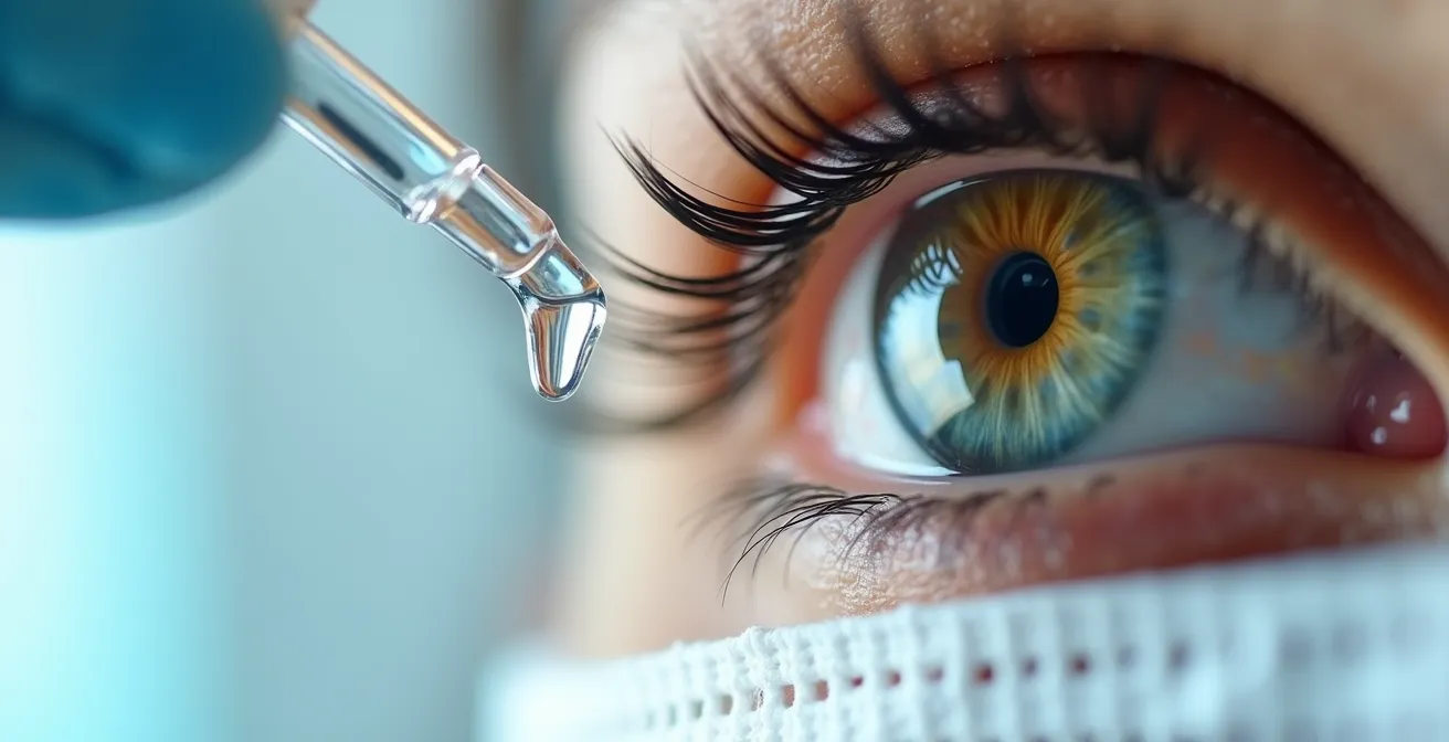 Gros plan sur l'application de gouttes anesthésiantes dans l'œil d'un patient avant l'opération