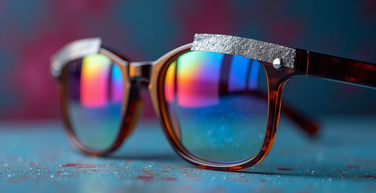 Gros plan sur des lunettes réparées temporairement avec du scotch transparent