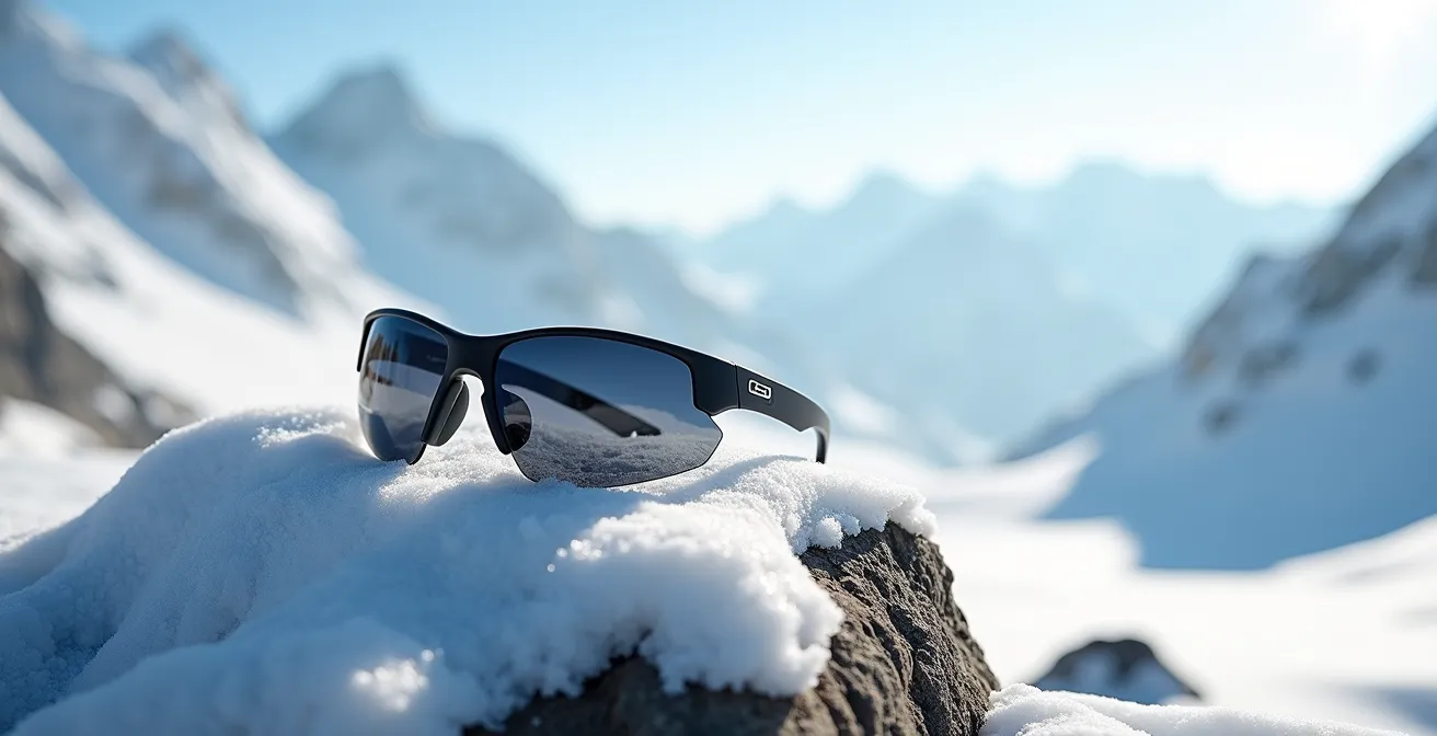 Lunettes glacier avec coques latérales posées sur un rocher enneigé en haute altitude