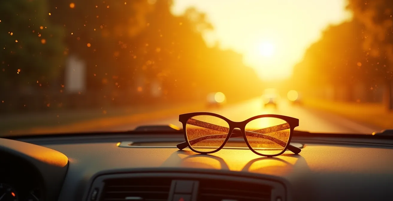 Lunettes exposées à la chaleur intense sur le tableau de bord d'une voiture, symbolisant le vieillissement accéléré.