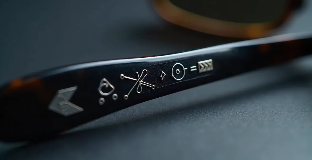 Gros plan macro sur l'intérieur d'une branche de lunettes montrant les inscriptions de sécurité