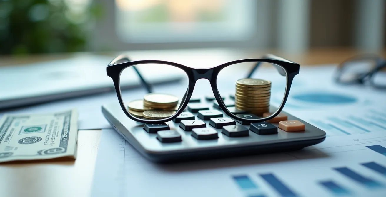 Calculatrice et graphique financier sur bureau avec lunettes, représentant l'analyse coût-bénéfice d'une déclaration de sinistre