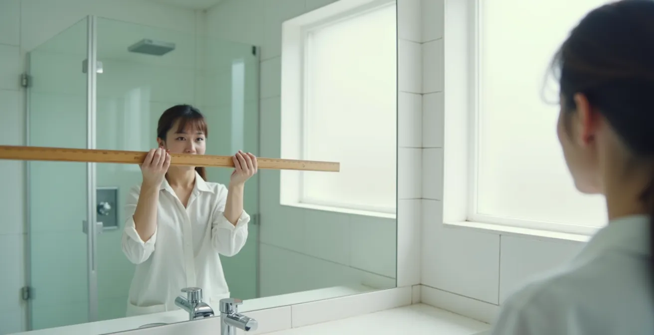 Personne mesurant son écart pupillaire avec une règle devant un miroir