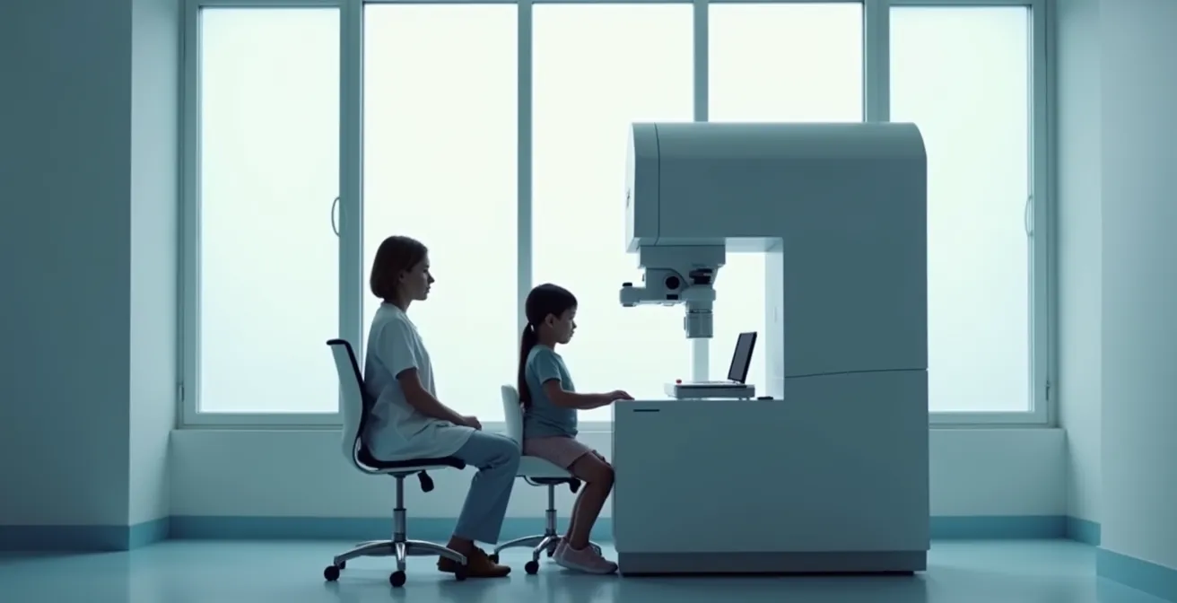 Examen de biométrie oculaire mesurant la longueur axiale d'un œil d'enfant