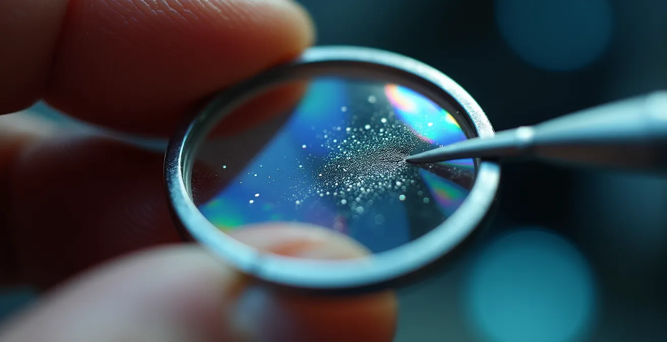 Détail macro d'une micro-gravure laser sur un verre de lunettes