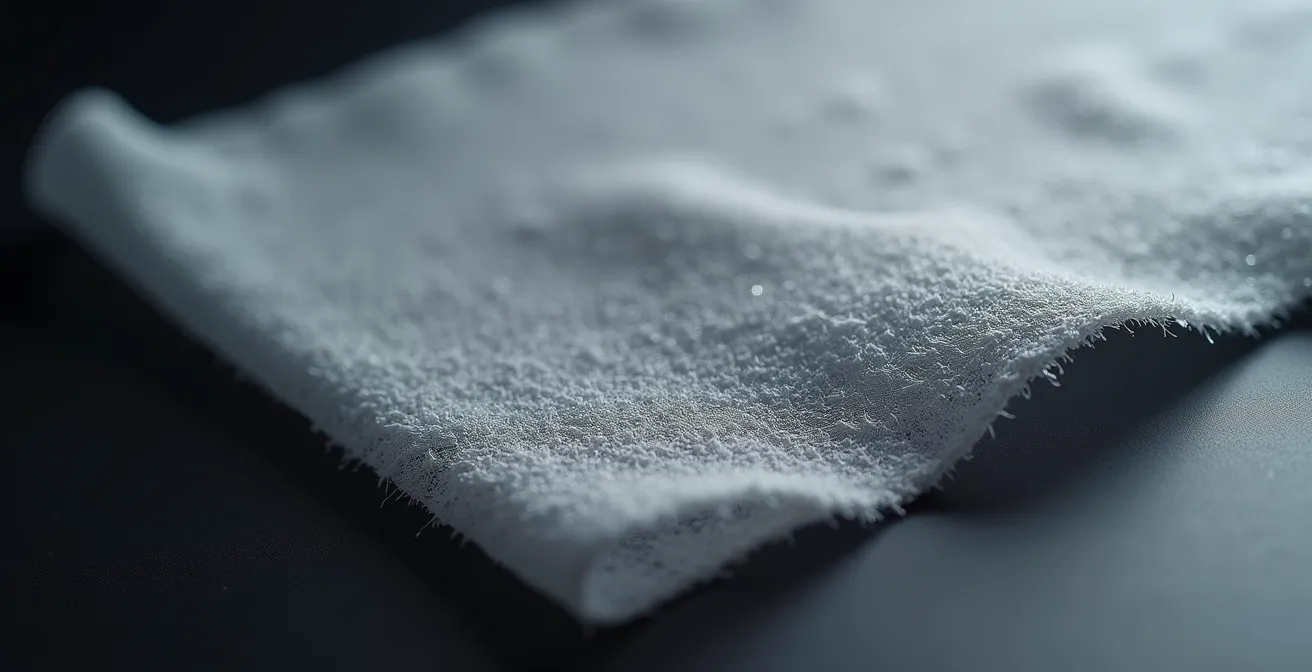 Texture d'une microfibre haute densité vue en macro montrant l'enchevêtrement des fibres