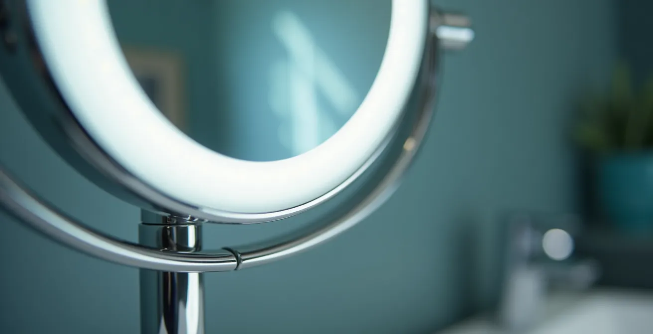 Miroir grossissant avec éclairage LED périphérique intégré monté sur support stable