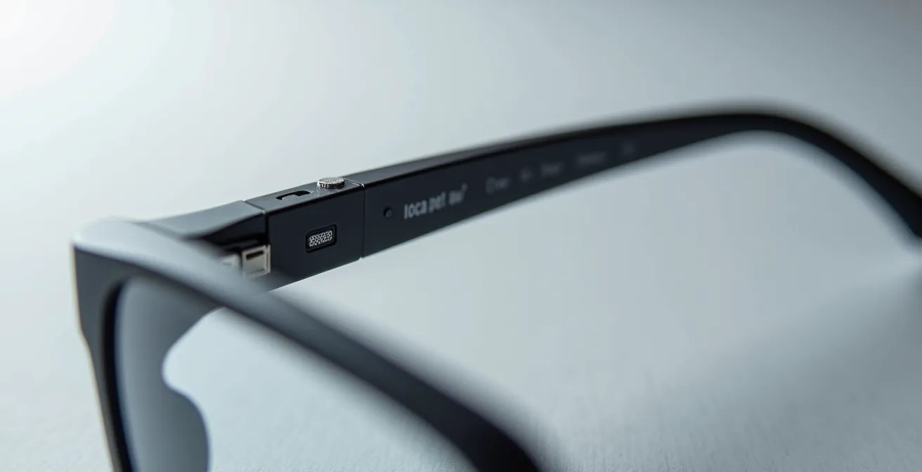 Vue macro détaillée d'une monture de lunettes connectées montrant l'intégration subtile des composants électroniques et l'espace pour les verres