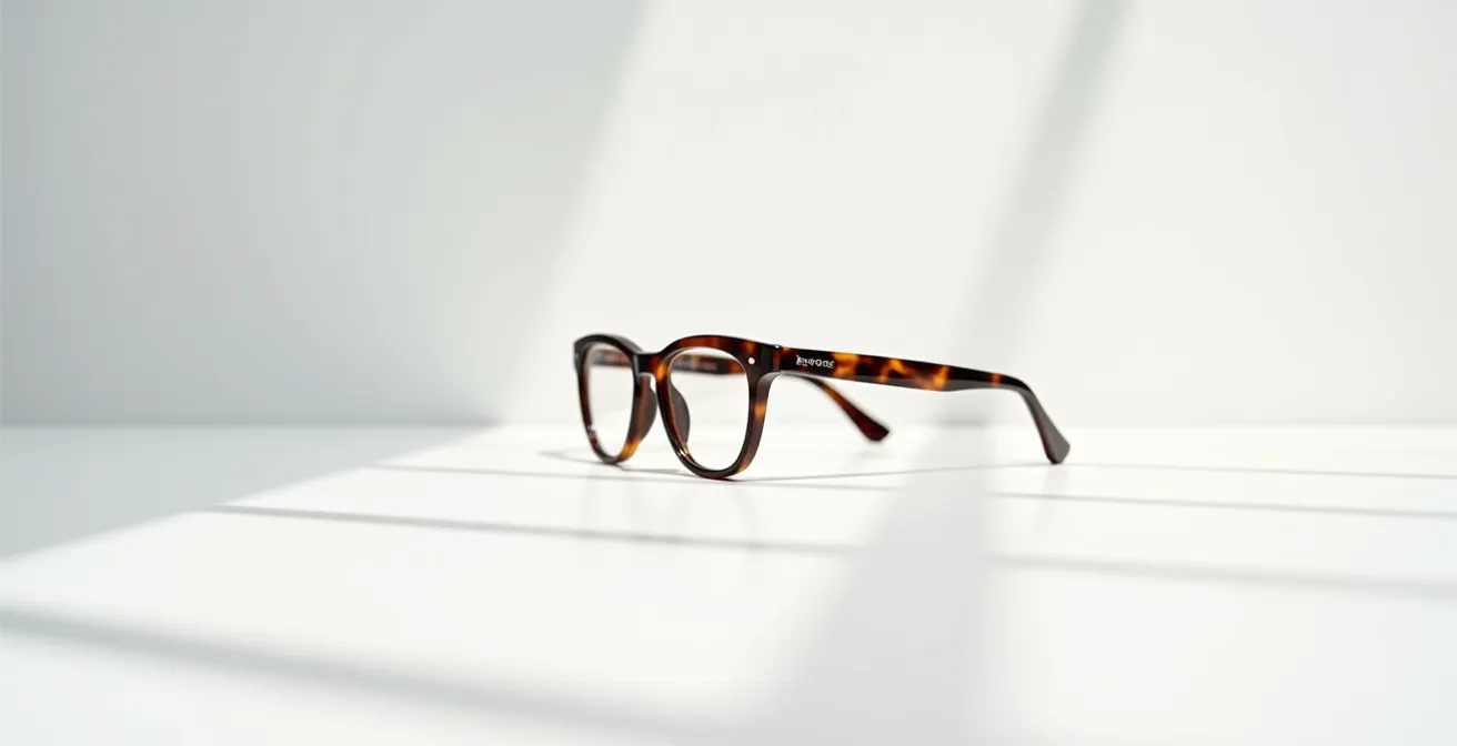 Vue de profil d'une monture épaisse en acétate montrant comment le cerclage cache l'épaisseur du verre