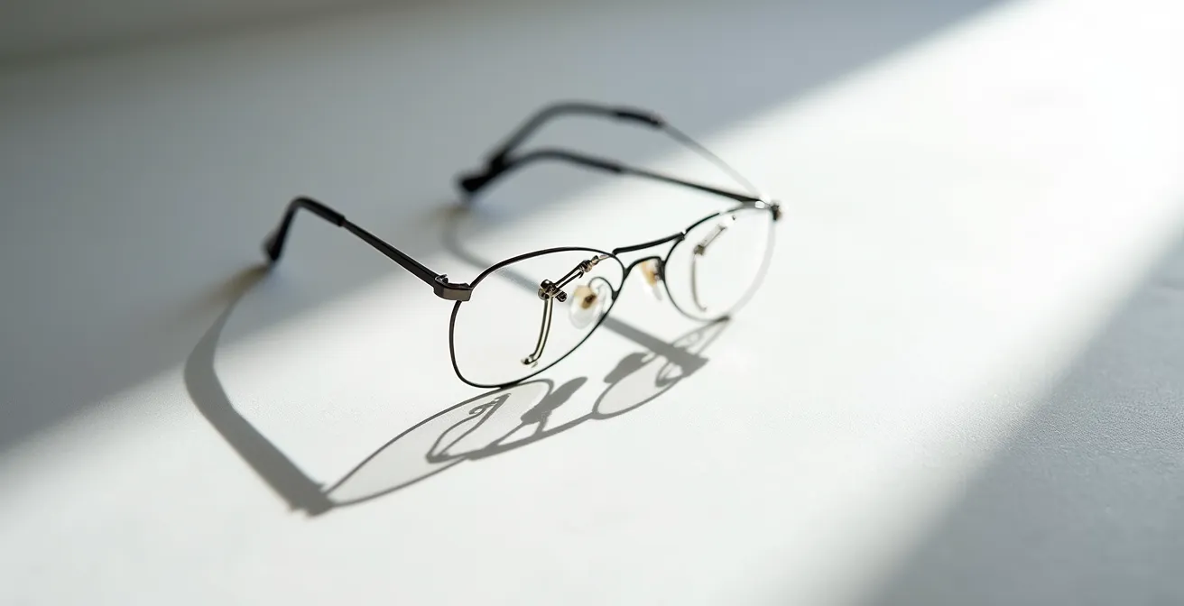 Monture semi-cerclée Nylor élégante posée sur surface claire montrant le support du fil nylon