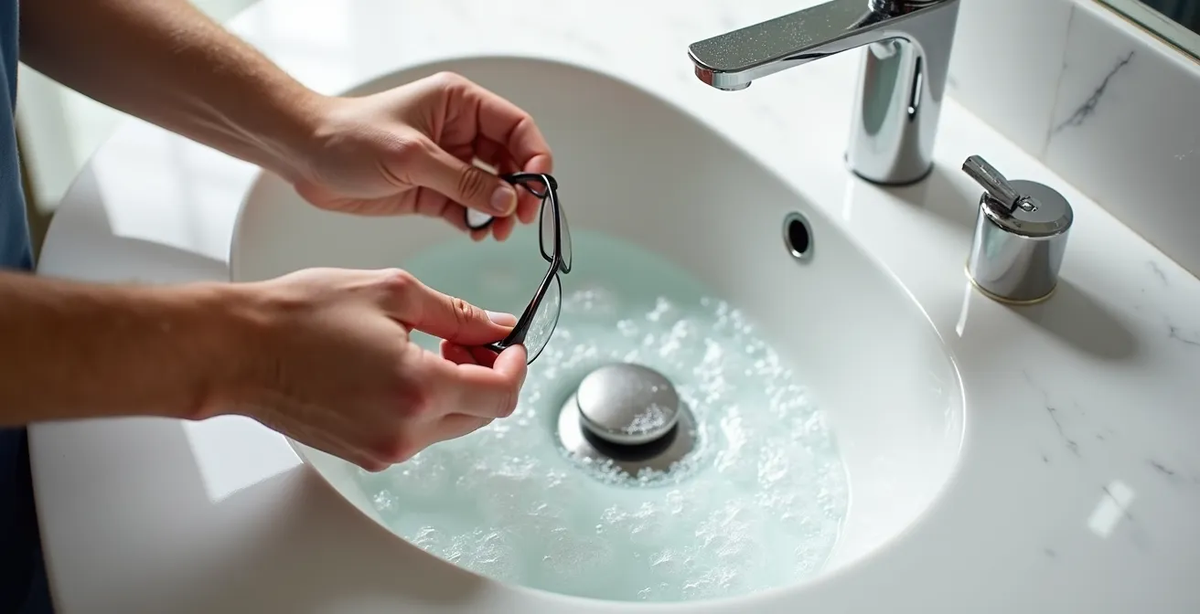 Mains nettoyant délicatement des lunettes en titane dans un lavabo avec de l'eau savonneuse