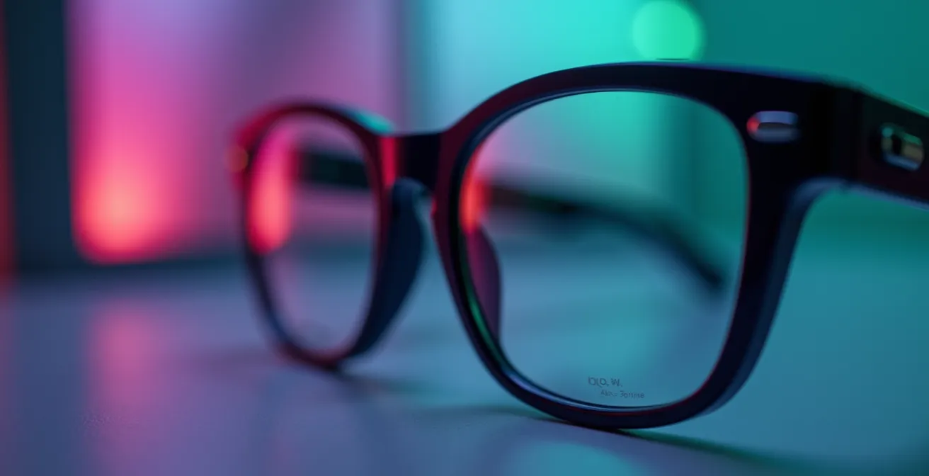 Gros plan macro sur des verres de lunettes montrant les reflets colorés du traitement anti-reflet