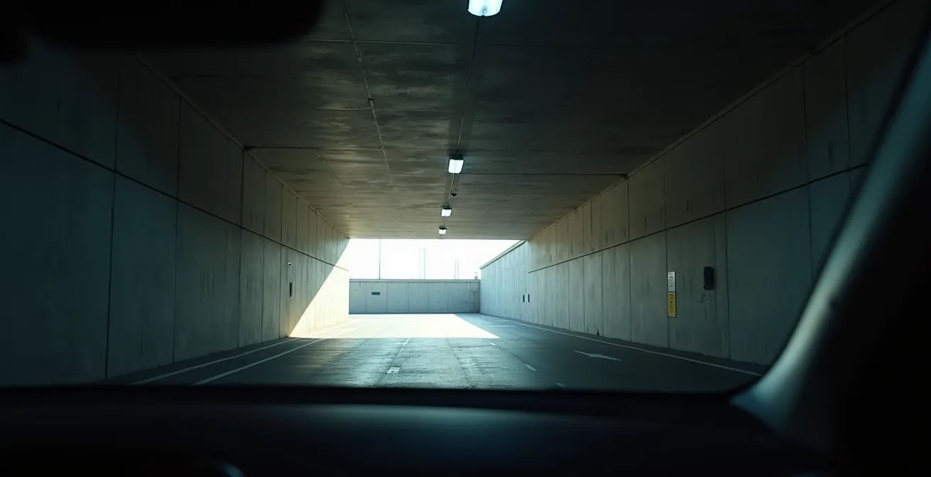 Vue depuis l'intérieur d'une voiture entrant dans un parking souterrain sombre, contrastant avec la lumière extérieure