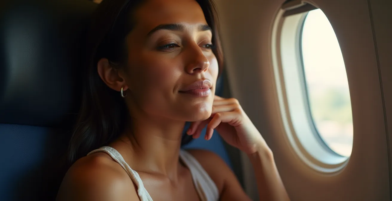 Profil d'un passager en train de cligner des yeux près du hublot d'avion