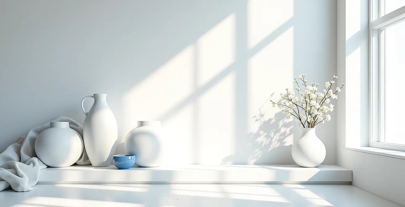 Composition minimaliste montrant des objets blancs et bleus dans un environnement épuré