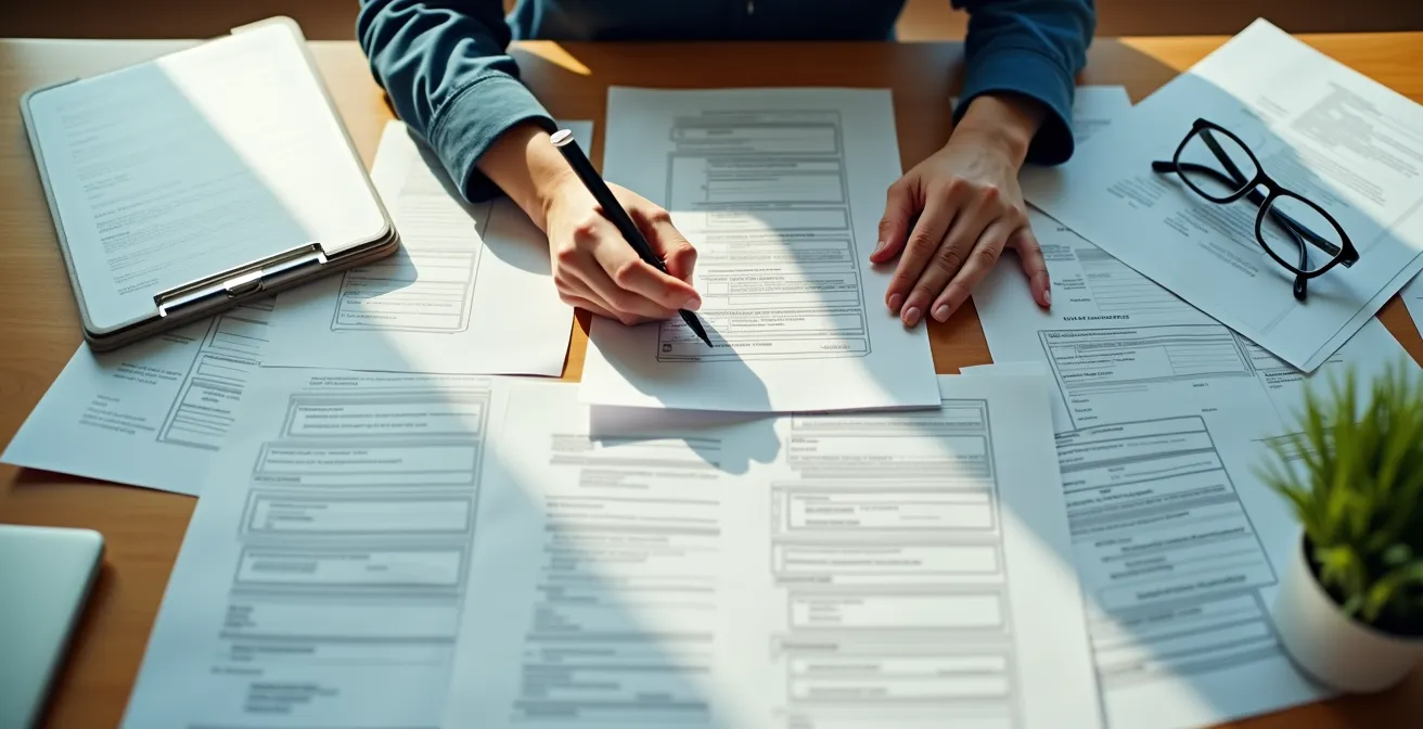 Mains remplissant un formulaire administratif avec lunettes et documents médicaux sur bureau