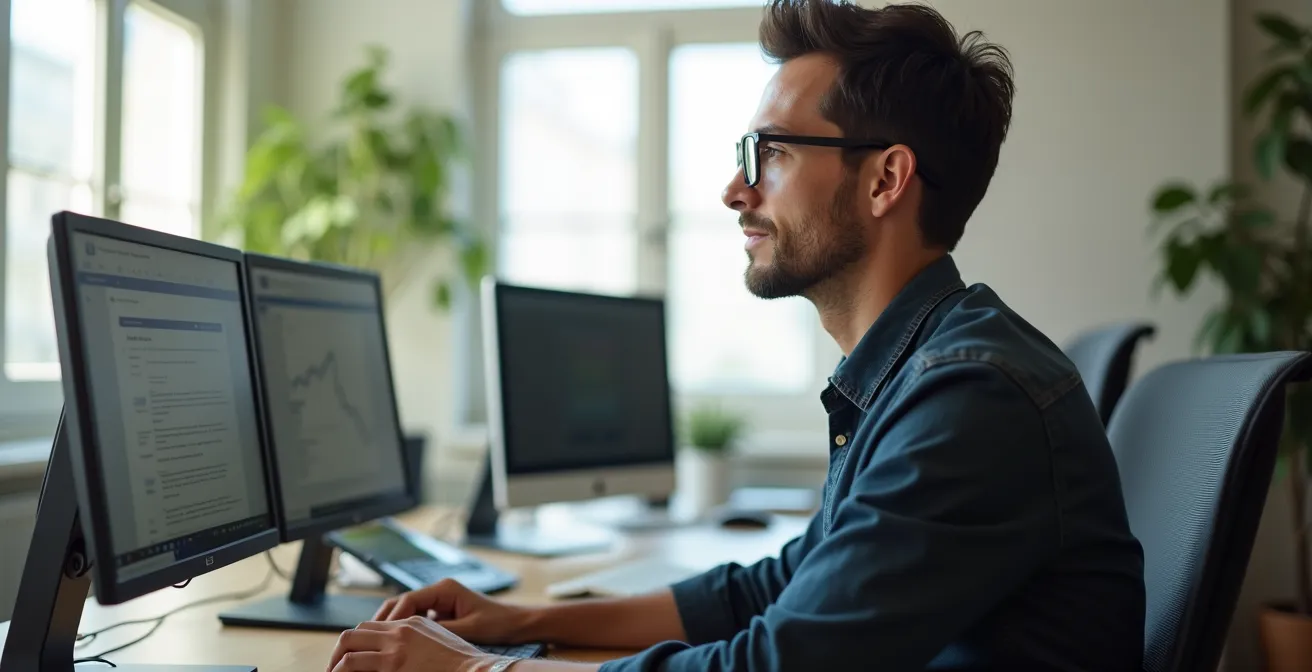 Profil d'une personne montrant la posture correcte avec verres de proximité devant ordinateur