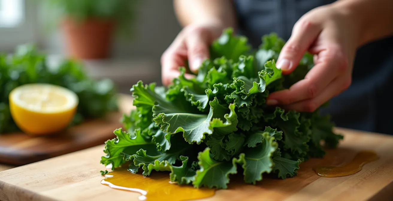 Mains préparant des feuilles d'épinards et de kale avec huile d'olive et citron