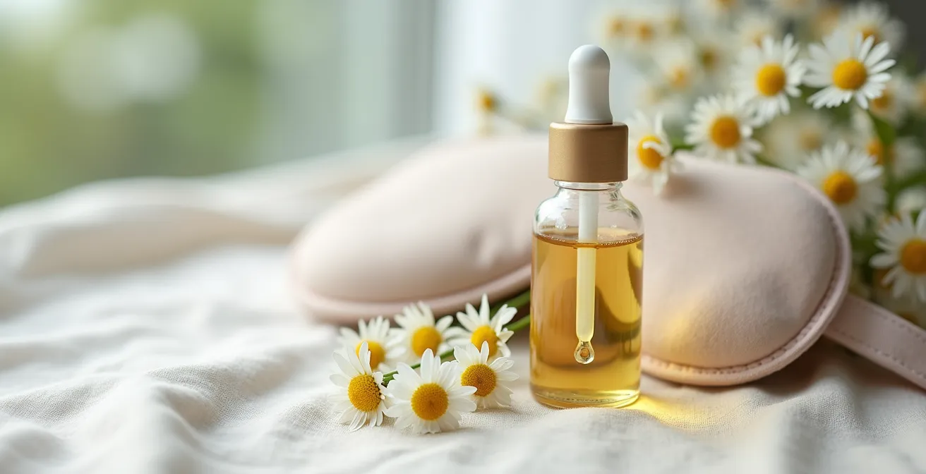 Arrangement minimaliste d'accessoires de soins oculaires sur surface neutre