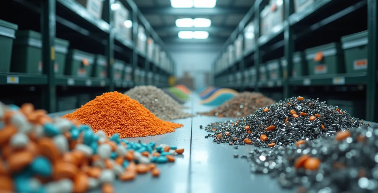 Vue d'ensemble d'un atelier de recyclage montrant le tri des matériaux de lunettes