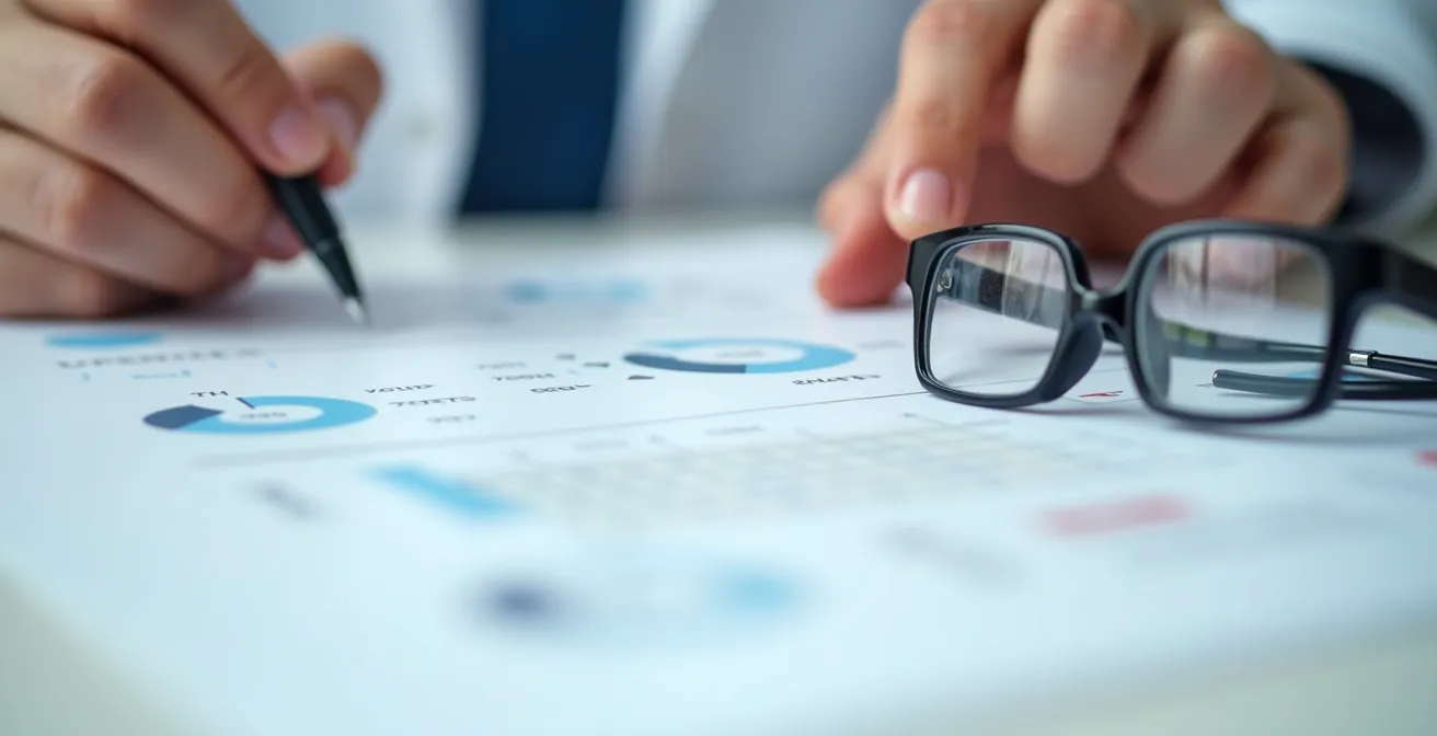 Mains remplissant une feuille de soins avec des lunettes posées à côté