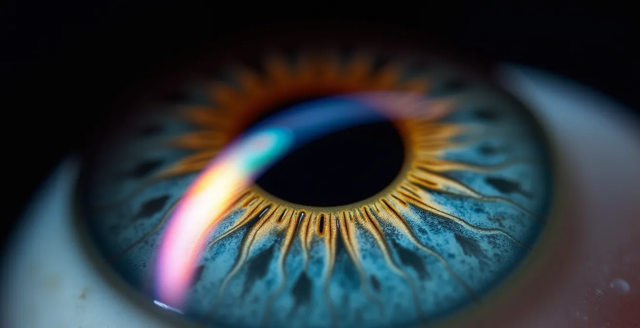 Détail macro d'un verre progressif montrant les différentes zones de correction avec des effets de lumière révélant la courbure