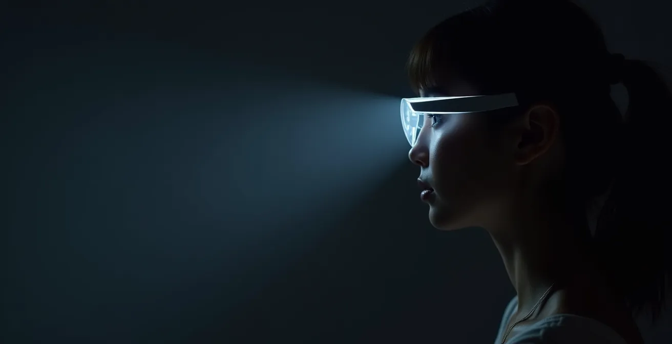 Vue latérale technique montrant le trajet de la lumière depuis l'affichage jusqu'à l'œil