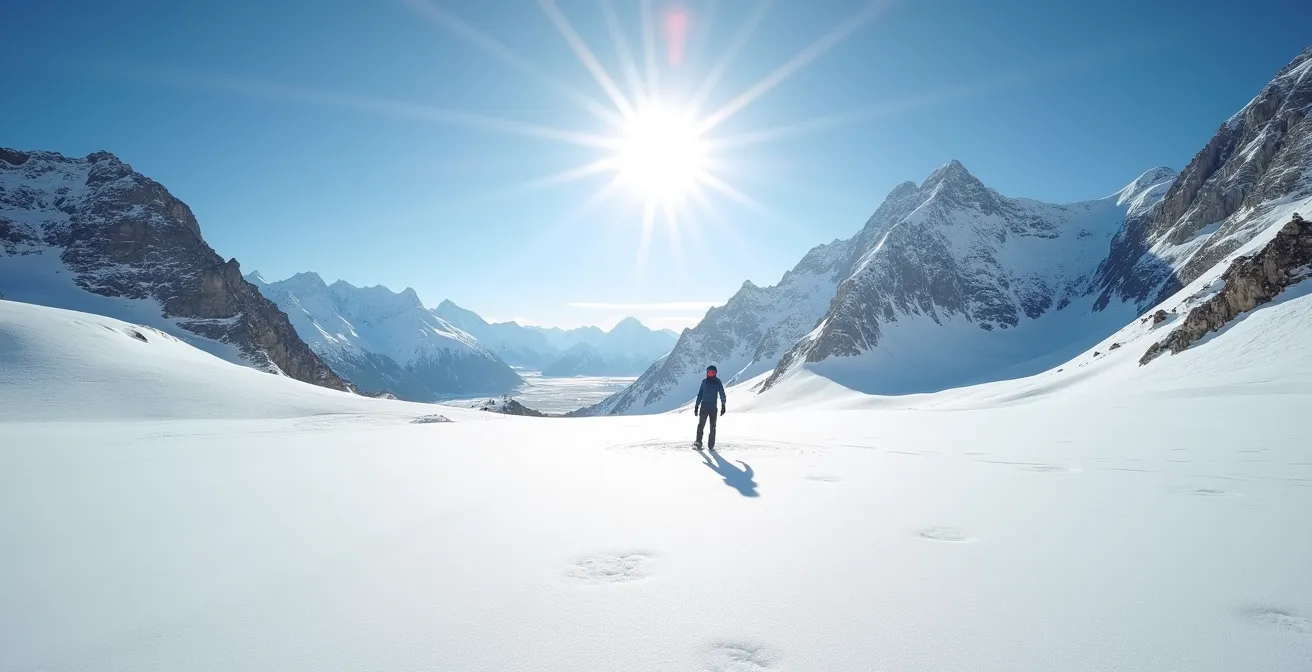 Paysage de haute montagne avec reflets intenses du soleil sur la neige illustrant les dangers UV