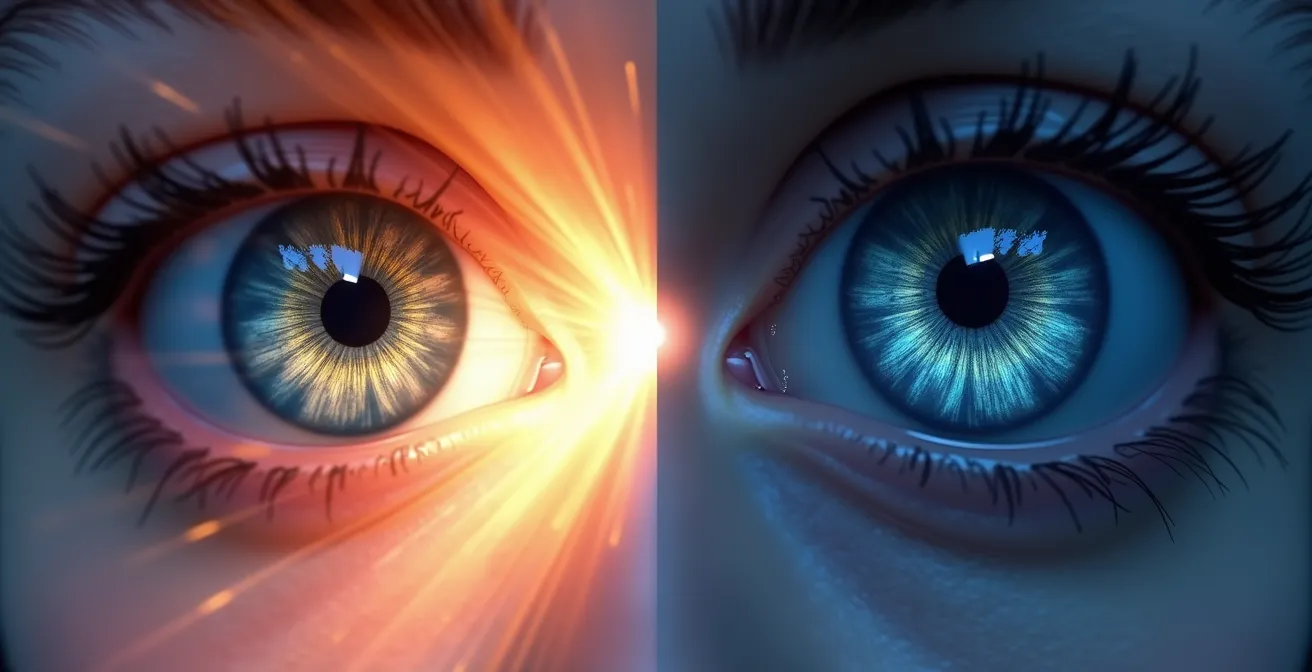 Comparaison anatomique d'un œil avec pupille contractée le jour et dilatée la nuit montrant les trajets lumineux