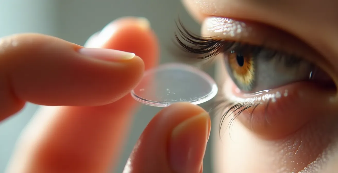 Doigts pinçant délicatement une lentille de contact transparente sur un œil, vue macro