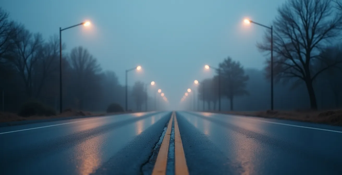 Route mouillée en hiver avec reflets et faible visibilité