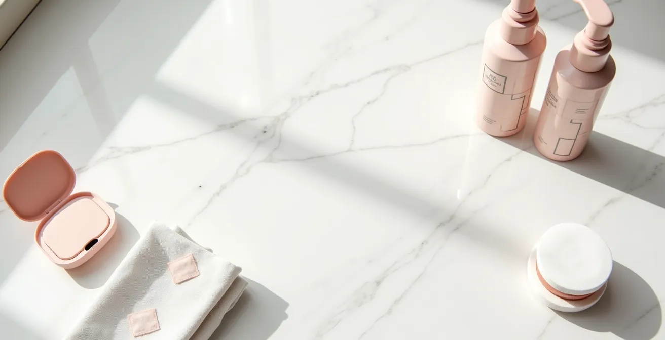 Plan de travail avec lentilles dans leur étui et produits démaquillants organisés