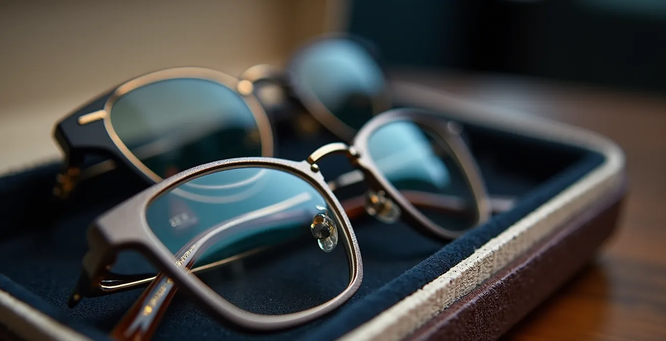 Gros plan sur sélection de montures dans mallette d'opticien mobile