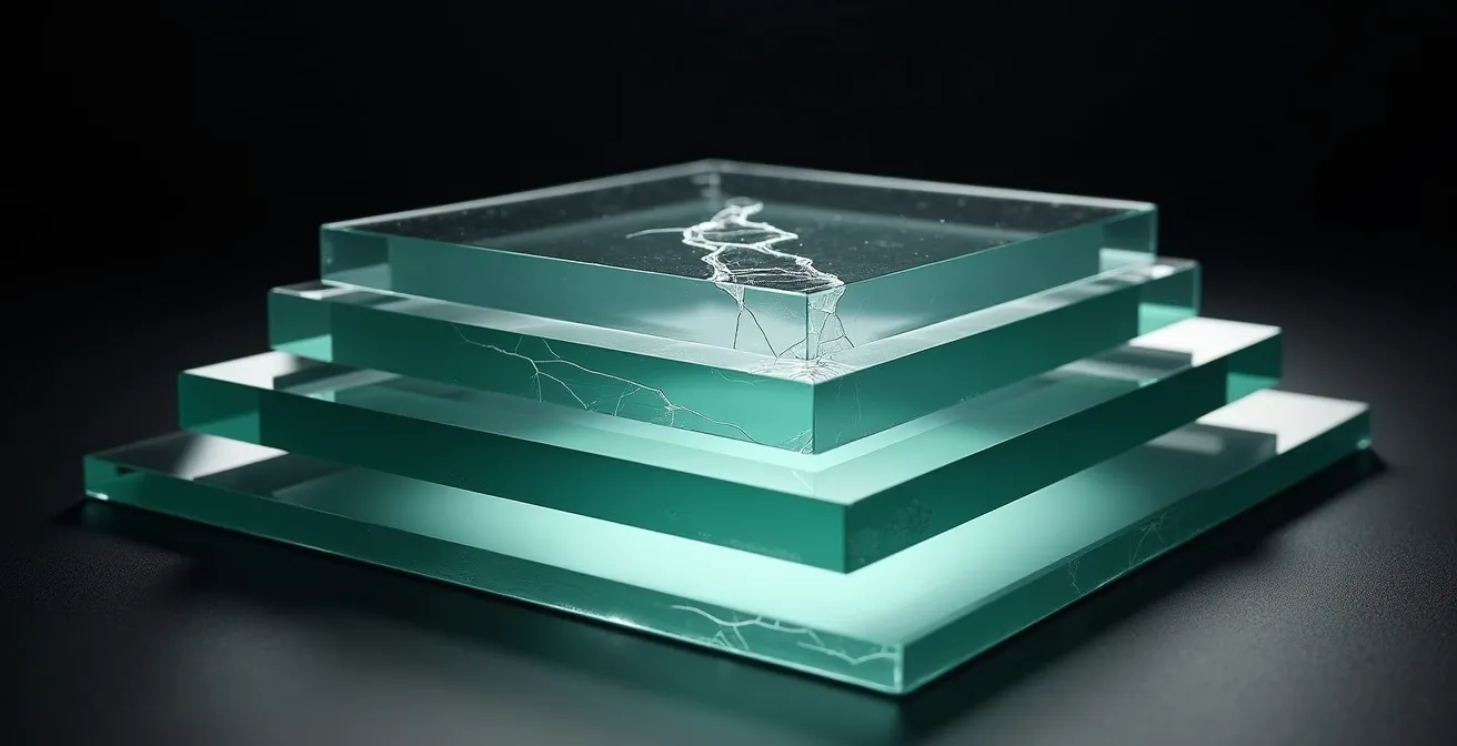 Coupe transversale microscopique d'un verre optique montrant les différentes couches et une rayure