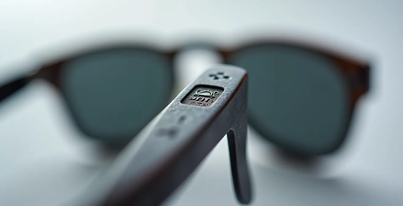 Gros plan macro sur une branche de lunettes montrant le symbole de voiture barrée et le chiffre 4 gravés