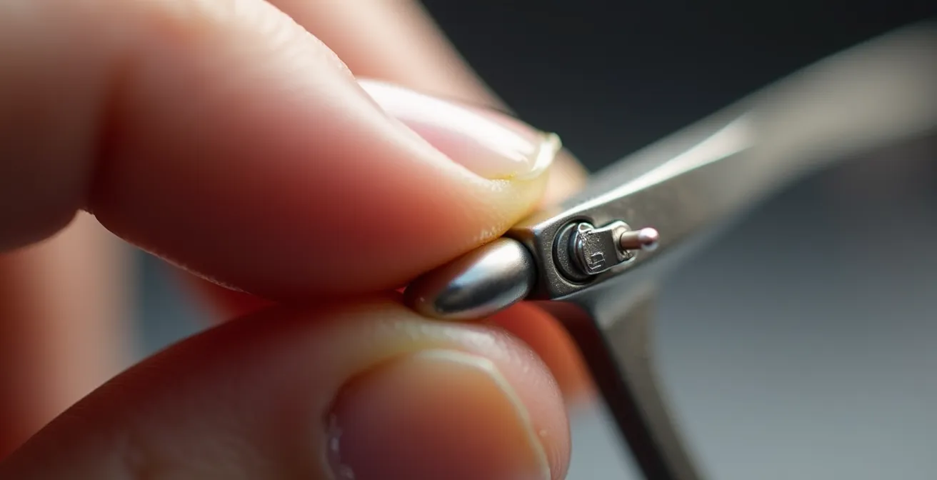 Vue macro détaillée des doigts positionnés pour ajuster des plaquettes de lunettes en métal