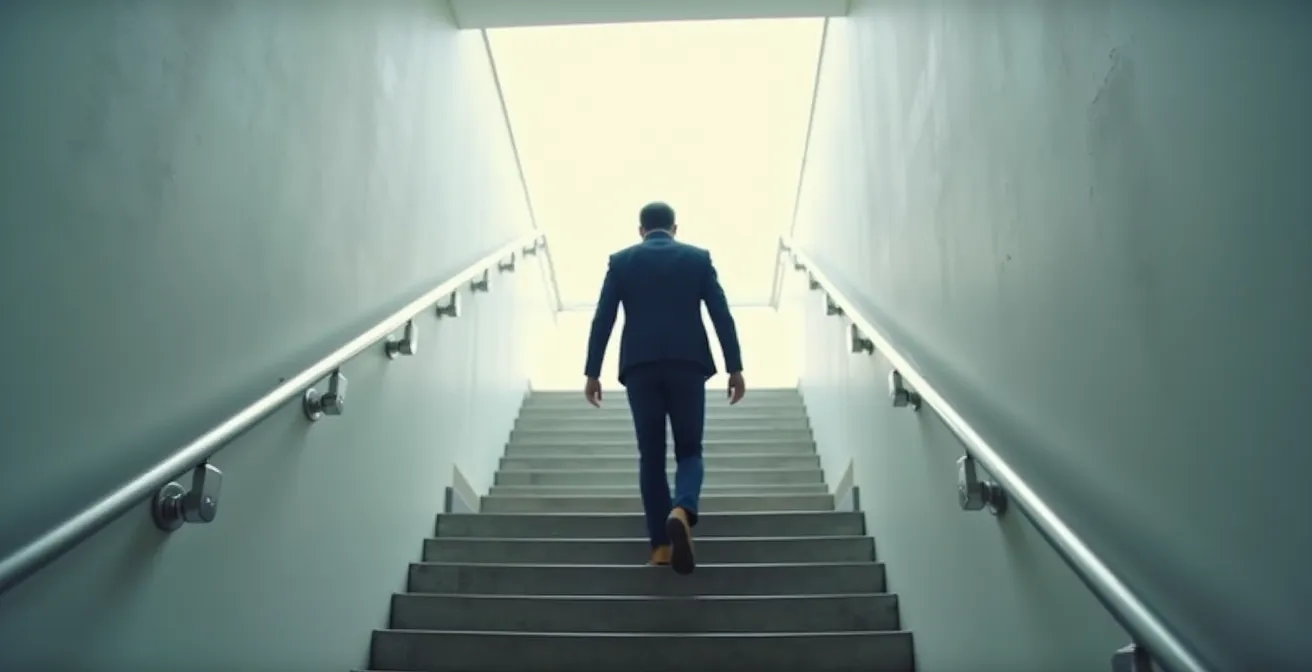 Vue latérale d'une personne descendant un escalier avec la tête inclinée correctement pour utiliser les zones du verre progressif