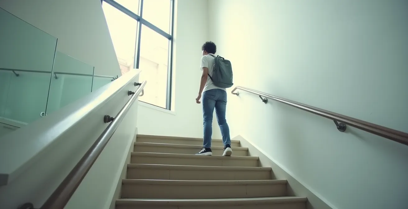 Vue de profil d'une personne descendant un escalier avec la bonne inclinaison de tête pour les verres progressifs