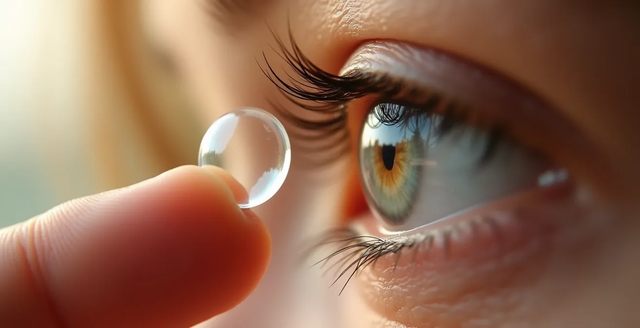 Personne penchée au-dessus d'un miroir horizontal pour poser une lentille de contact