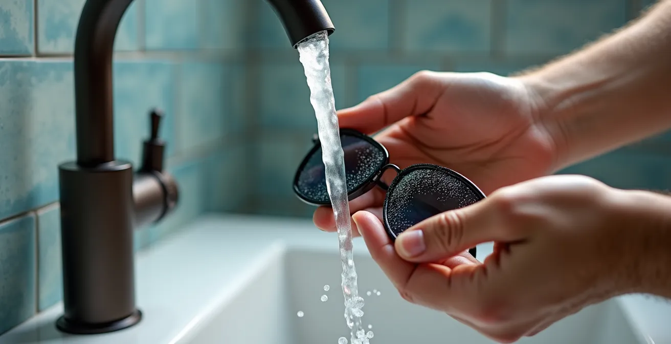 Mains rinçant délicatement des lunettes de soleil sous un jet d'eau tiède