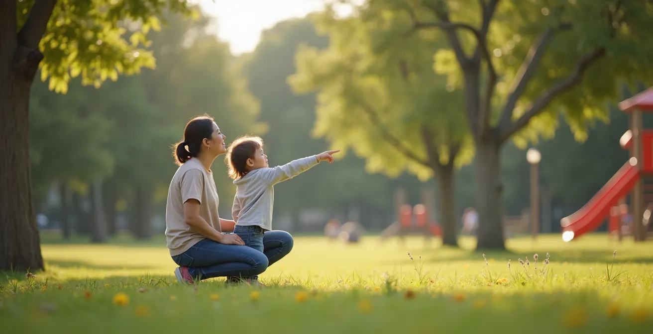 Parent et enfant jouant au jeu de reconnaissance d'objets lointains dans un parc
