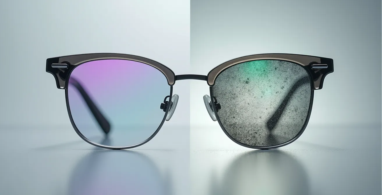 Comparaison côte à côte d'un verre avec traitement antireflet intact et un verre endommagé par du dentifrice