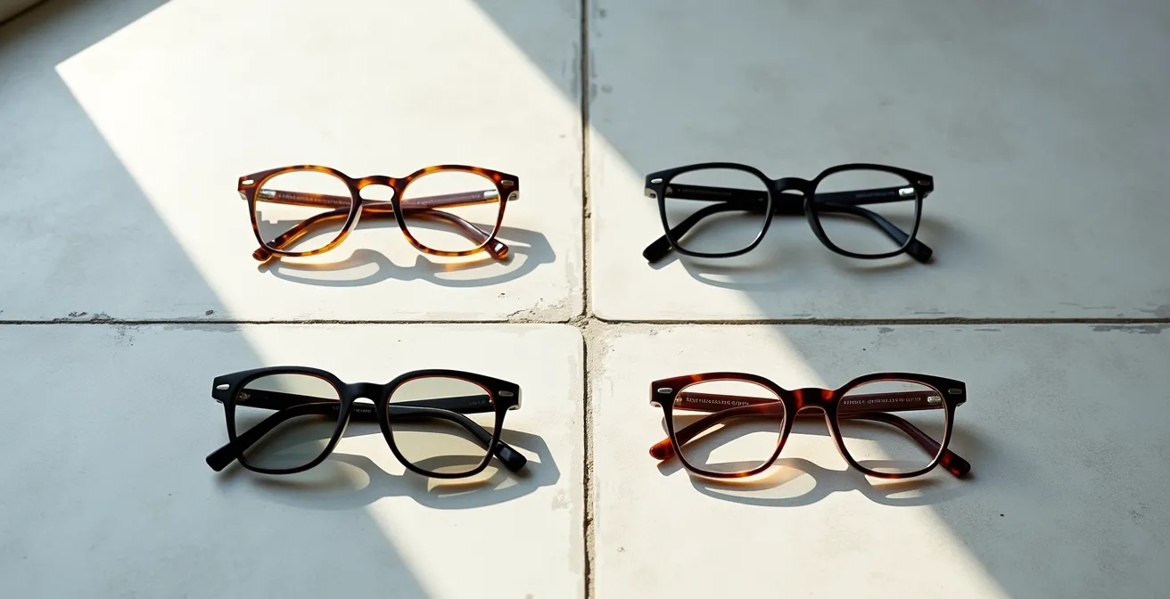 Différents types de montures (percée, métal fin, acétate épais) et leur influence sur la perception de l'épaisseur des verres.