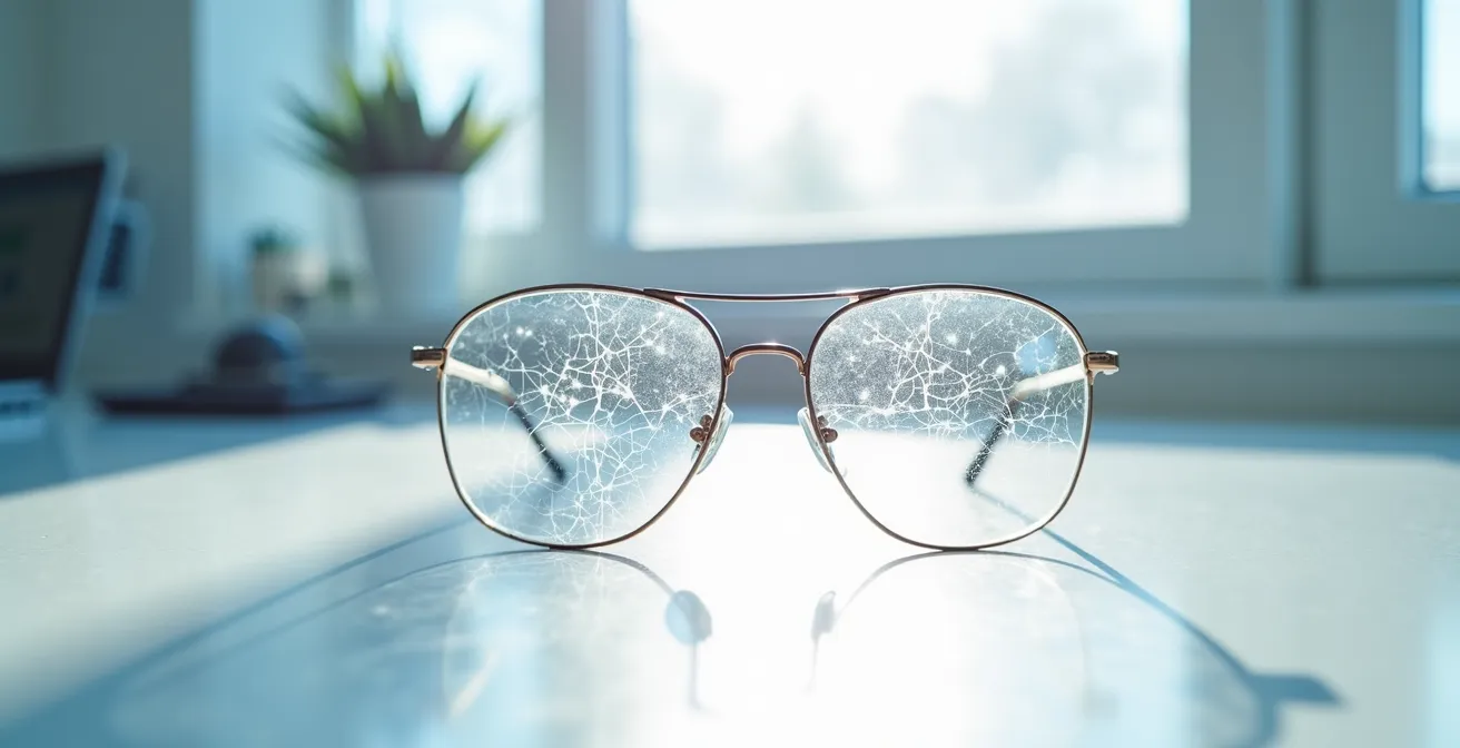 Vue microscopique d'un verre de lunettes montrant le réseau de craquelures causé par un choc thermique