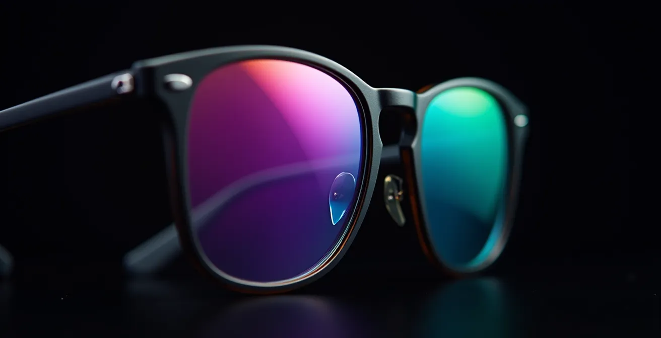 Détail macro de verres optiques avec traitement antireflet montrant les reflets colorés caractéristiques