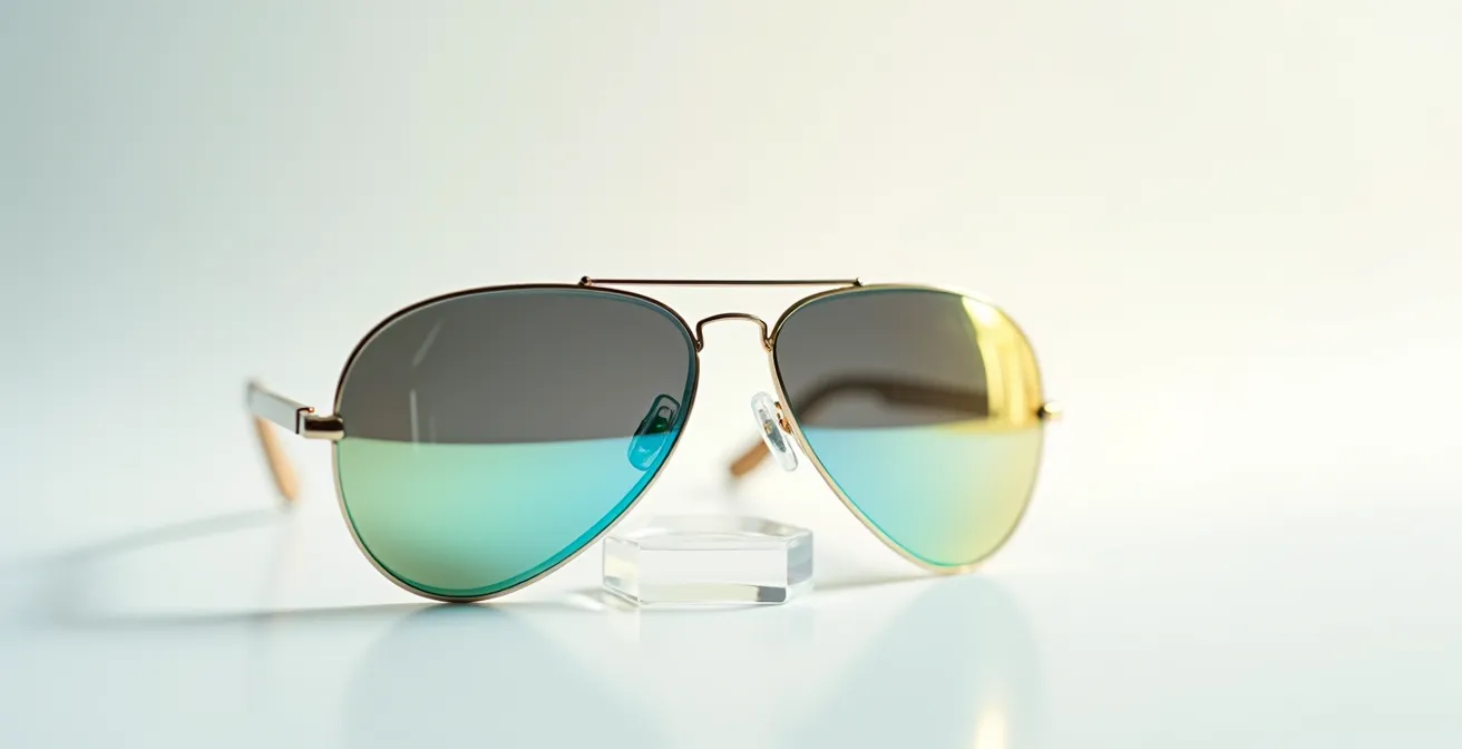 Détail de verres solaires avec traitement miroir montrant la structure multicouche